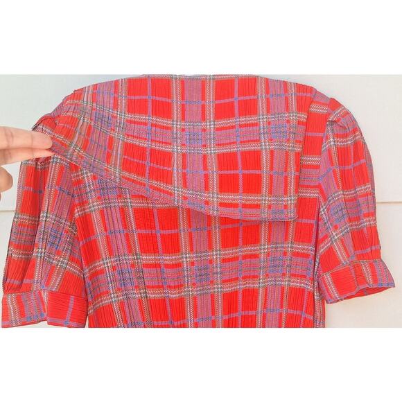 Vintage Jackie Bernard Eklektic Red Plaid Crepe Pleats Midi Dress Sailor Size 4 - Picture 10 of 13